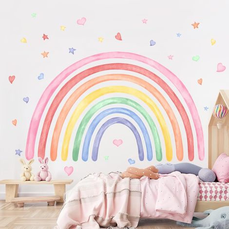 Stickers Muraux Enfants Arc en Ciel, Cœurs et Étoiles - Autocollant Mural pour Déco Chambre Fille - Stickers Muraux Grand Format pour Nursery, Salle de Jeux et Chambre Bébé, 195 x 110 cm (1/5)