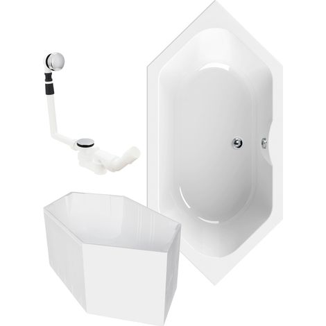 Calmwaters® Sechseck Badewanne Komplettset 190x90 cm mit Wannenträger & Ablaufgarnitur, Acrylwanne Exclusive, Duo-Badewanne für 2, Badewannen-Komplett-Set, 6-Eck-Wanne 190 x 90, Weiß (1/5)