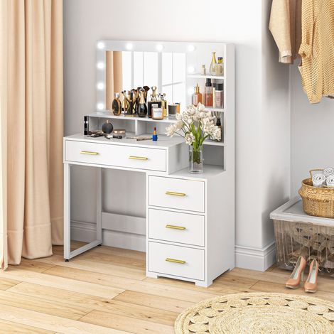 Table de Maquillage en Bois avec 4 Tiroirs, 6 Étagères Ouvertes et Miroir, 100x40x138 cm, Blanc