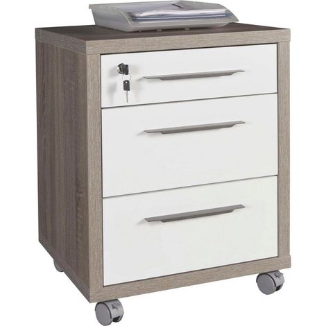 Bürokommode in Eiche und Weiß mit 3 Schubladen, Schlüssel und Rollen (1/3)