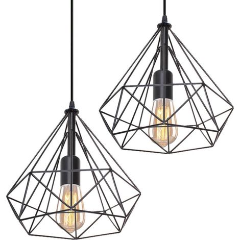 2PCS Lustre Antique Diamant Suspension Luminaire Rétro Plafonnier Noir Industriel Métal Vintage 25 CM (1/5)