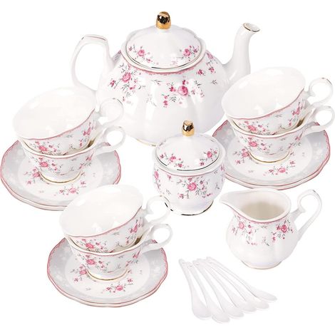Service Thé Porcelaine Ensemble Tasse Soucoupe Thé Théière Pichet Crème Sucrier Service Café Flower China Rose Rouge