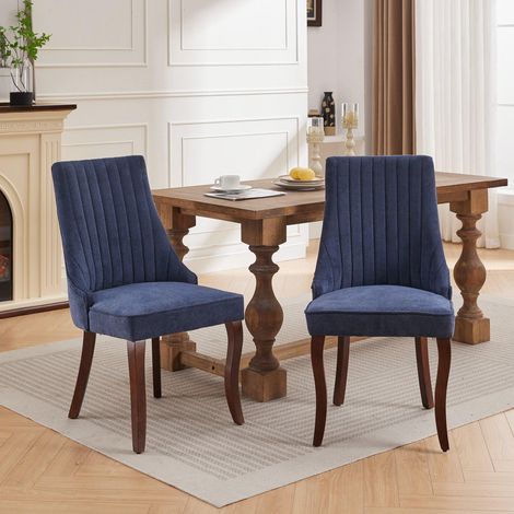 Chaises de salle à manger en tissu floqué rayonne, style Channel, confortables et rembourrées, avec pieds incurvés en bois massif, lot de 2 (bleu) (1/5)