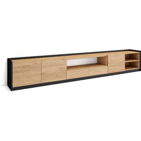 Skraut Home - Meuble TV, Banc Télé, 310x37x50cm, Pour les TV jusqu'à 80", Chêne et noir (1/5)