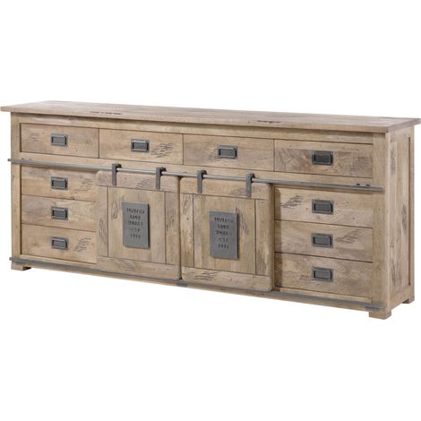 Massivmoebel24 – Buffet en bois de manguier massif 220x45x90 – Vernis beige – Style industriel avec ferrures en métal – Rangement élégant et pratique