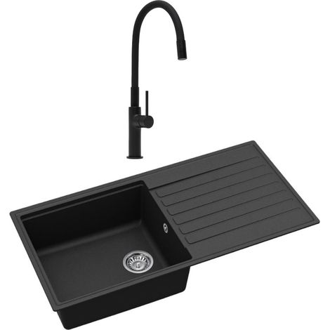 Swiss Aqua Technologies Lavello da incasso 100x50 cm con sgocciolatoio reversibile in granito + miscelatore Neoperl® con aeratore, nero opaco (SATSINKGQ