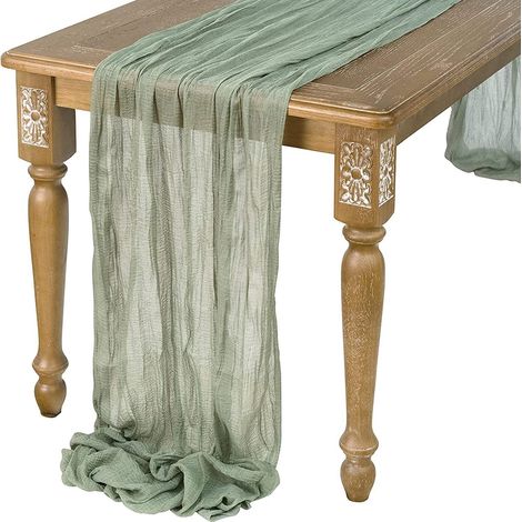 Chemin de table en gaze verte, long et rustique, style bohème, translucide, idéal pour une décoration de mariage bohème (4 pièces, 90 x 400 cm).