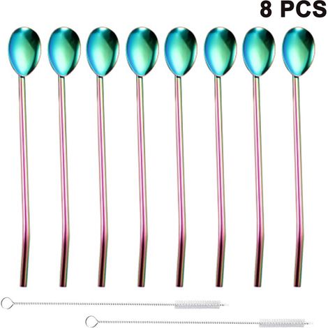 Lot de 8 cuillères à café ovales en acier inoxydable avec 2 goupillons, utilisables pour mélanger les fruits et autres gourmandises.