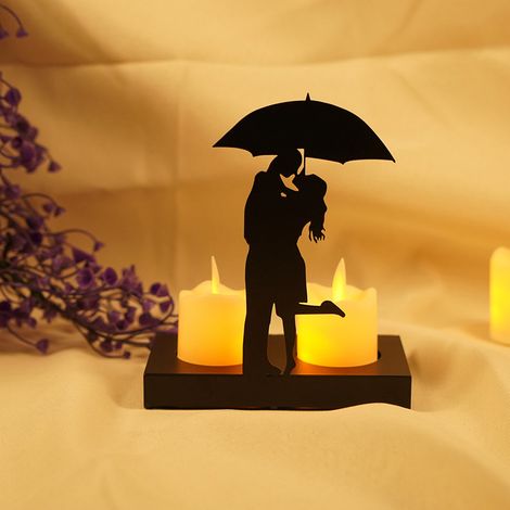 Porte-Bougie en Fer Silhouette Romantique Couple Statue Cadeau Mariage Anniversaire Noir 130g 12cm (1/5)