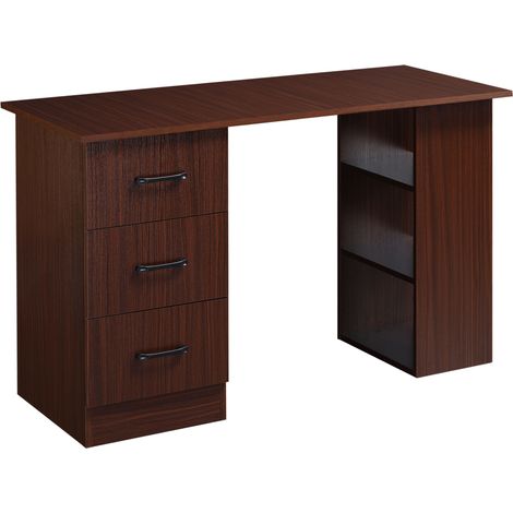 Bureau d'ordinateur réversible, table PC avec 3 tiroirs et 3 étagères ouvertes, 120 x 49 x 72 cm, finition noyer (1/5)