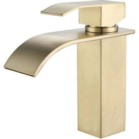 Robinet de lavabo, robinet cascade, mitigeur de lavabo, robinet cascade à grand bec, acier inoxydable doré brossé (1/3)