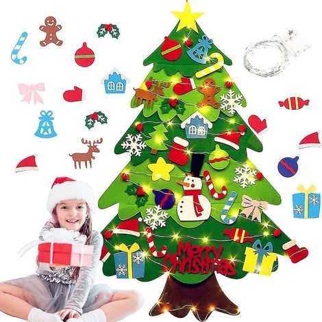 Árbol de Navidad de fieltro DIY de CREA, árbol de Navidad de fieltro DIY con 30 adornos para la punta del árbol y guirnalda de luces para colgar en la pared. Árbol de fieltro para decoración del hogar (1/5)