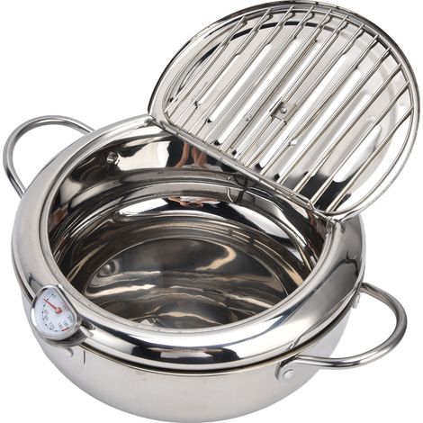Friteuse en acier inoxydable 304, 24cm, avec thermomètre, couvercle et égouttoir, idéale pour tempura, friture maison, contrôle de température, petit format mini. (1/5)