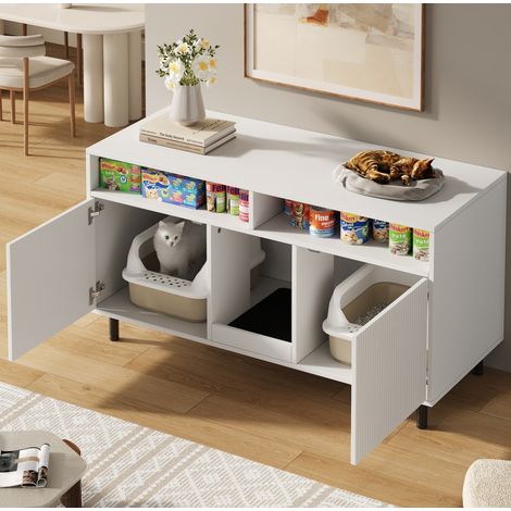 Armario para areneras de gatos (120x50x66 cm), con dos puertas, estante superior, alfombras atrapa arena, MDF blanco (1/5)