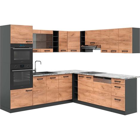 Cocina esquinera R-Line, Antracita/roble dorado, 237 x 247 cm , ET Mármol, Vicco