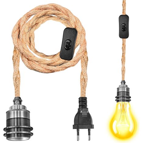 E27 Lamp Holder with Cable, Hemp Rope Hanging Kit Bracket Hanging Lamp with Plug and Cable 1.8 m, Hanging Lamp for Dining Room Bedroom Home (No Bulb) (1/5)