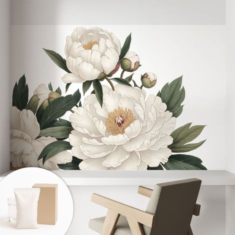 Papier peint intissé pour salon chambre à coucher peint imprimé pour mur - Colle incluse gratuite Pivoines blanches 104x70 cm (1/5)
