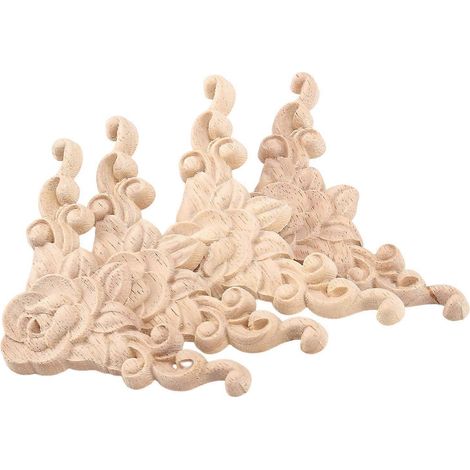 4x Applique d'angle sculptée en bois pour porte ou meuble, rosace non peinte -- (1/5)