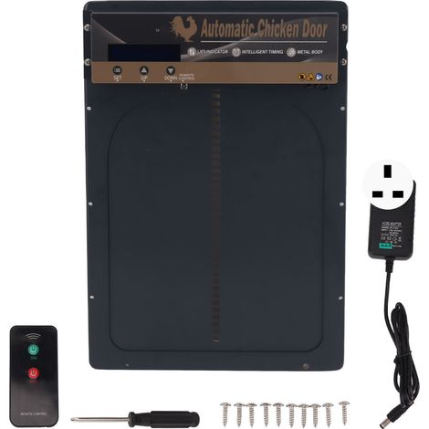 Porte automatique pour poulailler avec capteur de lumière, télécommande, écran LED et minuterie - Alimentation batterie et secteur 100-240V - Prise UK - Gris (1/5)