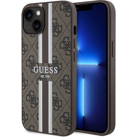 Coque Guess 4G à rayures imprimées MagSafe pour iPhone 14 (marron) (1/5)
