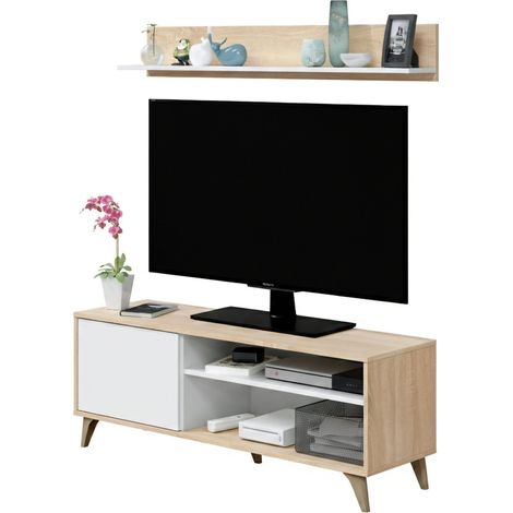 Mobile porta TV Amerino, Credenza per televisione da soggiorno con 1 anta, Supporto TV da salotto, Madia di design, 135x40h50 cm, Rovere