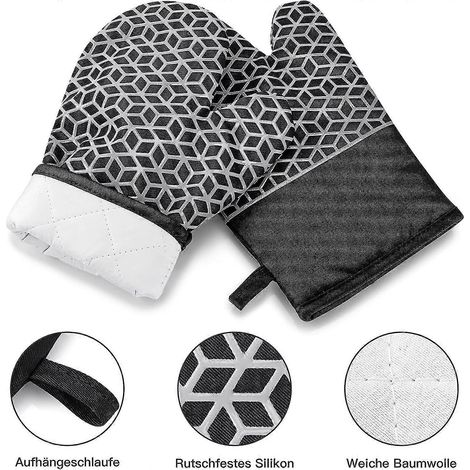 Gants de cuisine - Gants de cuisine résistants à la chaleur avec texture antidérapante en silicone, gants de cuisine noirs avec doublure en coton, gants et maniques pour la cuisine (1/2)