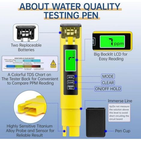 Testeur d'eau numérique TDS 3 en 1 - Mesure TDS, EC et température - 0-9999 ppm - Testeur de qualité de l'eau de haute précision p (1/4)