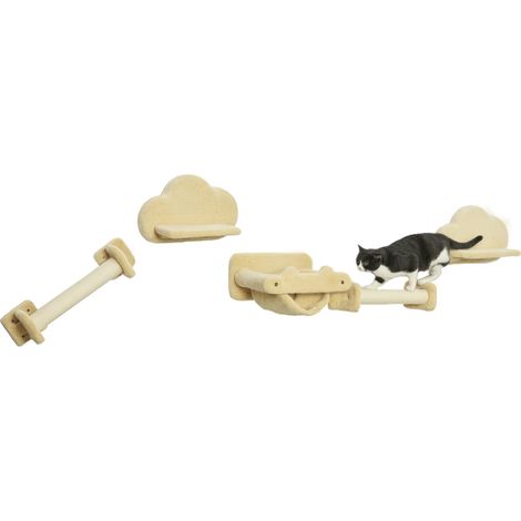 Katzentreppe, 5-teiliges Set, 2 Kratzstämme, 2 Plattformen mit Plüschbezug, Hängematte, beige