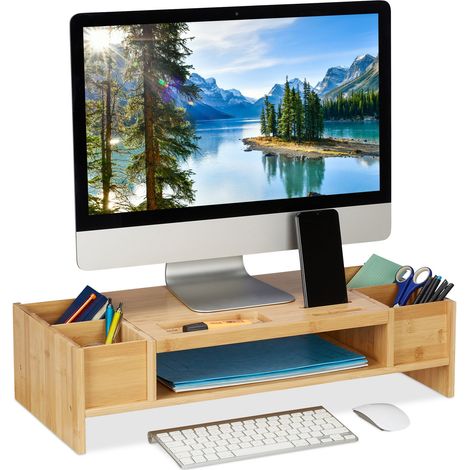 Relaxdays Monitor Stand Bamboo, Screen Raiser with Compartments, HWD 15.5 x 62.5 x 28cm, Display Base Desk, Natural Wood