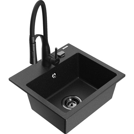 Mexen Milo évier en granit 1 bac avec robinet de cuisine Aster, noir/métallique argenté - 6505-73-73450-70-B (1/5)