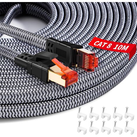 Cable Ethernet Cat 8 10m, 40Gbps 2000MHz Cable Reseau RJ45 Cat 8 Nylon Tressé Câble Ethernet Super Débit Câbles Ethernet Cable Internet pour Router, Switch, Modem, Laptop, PS5/PS4, Smart TV, Xbox (1/5)