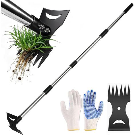1 - Désherbeur - Bineuse - Outil 2 en 1 avec manche réglable 40x150 cm - Pour jardin pelouse terrasse - Gris
