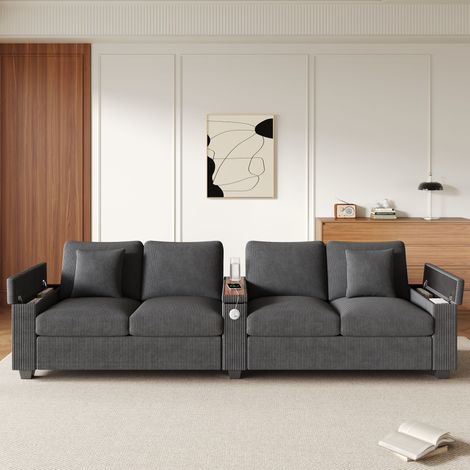 Canapé droit  4-5 places 299x80x82.7cm avec console centrale, ports USB/Type-C et rangements intégrés, velours côtelé, Gris (1/5)