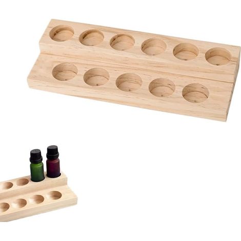 Support Huiles Essentielles - Bois de Pin - 2 Niveaux - 11 Trous - Diamètre 3 cm - Pour Bouteilles 15 ml - Rangement Maquillage et Parfums