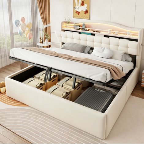 Lit coffre adulte 180x200 cm rembourré avec rangement hydraulique, LED, USB et USB-C, tête de lit à compartiments, velours beige (1/5)