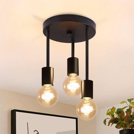 Plafonnier Vintage Noir - Suspendu 3 Flammes Plafonnier E27 avec 3 Spots Lustre Industriel Spots de Plafond pour Salle à Manger Cuisine Couloir (1/5)