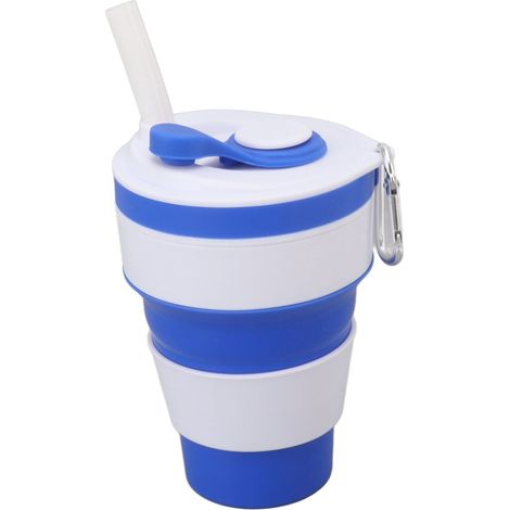 Zusammenfaltbarer, auslaufsicherer Silikonbecher mit Strohhalm und Kletterkarabiner für Outdoor-Aktivitäten, blau (1/5)