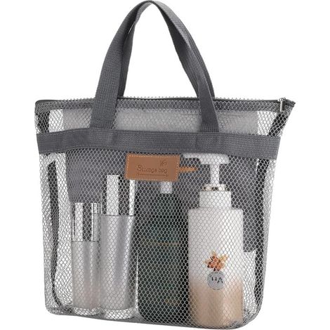 Bolsa de ducha portátil de malla con cremallera y 2 bolsillos: organizador de baño colgante de secado rápido para viajes,playa y piscina (gris) (1/5)