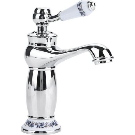 Robinet de salle de bains vintage en laiton avec poignée porcelaine bleu et blanc, mitigeur lavabo eau chaude/froide, design antique chromé élégant