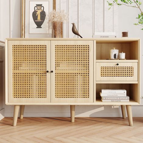 Buffet 120x40x80 cm, avec 2 portes en rotin, 1 tiroir, pieds en bois massif, poignées en métal noir, étagères réglables, pour salle à manger et salon - Chêne (1/5)