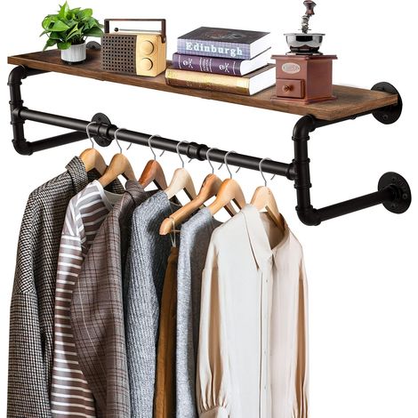 Appendiabiti industriale con ripiano, supporto per abiti a parete, asta appendiabiti rimovibile e multifunzionale per appendere i vestiti, per soggiorno e camera da letto, 105 x 25 x 26 cm (1/5)