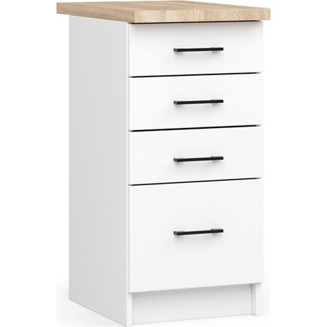 Akord – Armoire de cuisine basse 40 cm – 4 tiroirs – Corps et façades blanches – Dimensions 40x46x85 cm – Panneau stratifié (1/5)