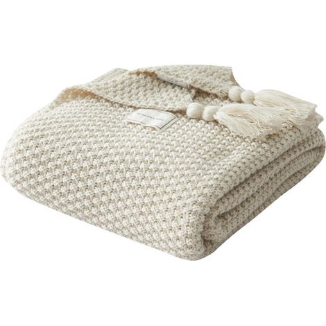 1 Couverture tricotée à pompons, tissu ajouré doux, pour canapé et lit, usage adulte enfant (1/5)