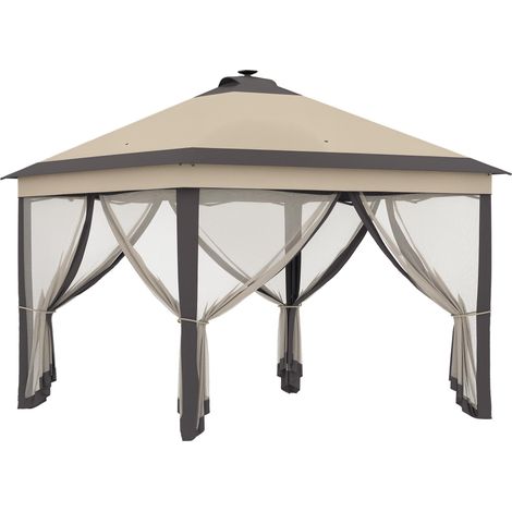 Tonnelle pliante avec éclairage LED 3,3 x 3,3 m, tonnelle de jardin avec télécommete, 4 moustiquaires, hauteur réglable, beige (1/5)