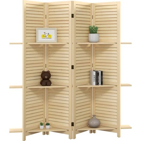 Paravent 4 panneaux 160L x 170H cm étagères pliables séparateur pièce portes persiennes naturel (1/5)