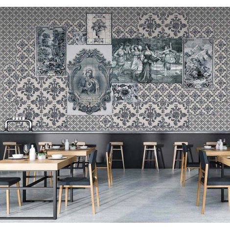 Papier peint panoramique gris & blanc carreaux de ciment Tapisserie panoramique idéale couloir Papier peint panoramique vintage pour cuisine (1/3)