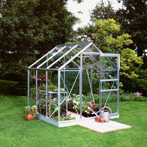 Serre en verre horticole 3,8m² – Structure aluminium – Porte coulissante – Système de gouttière – Hauteur 208 cm – Halls