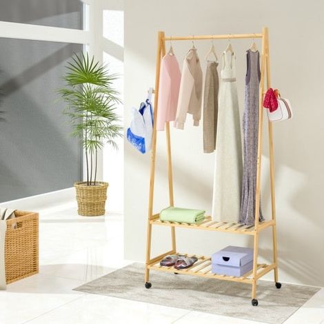Porte manteaux en bambou avec roulettes 1 barre de penderie (1/5)