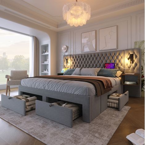 MEUBLIV Letto 160x200 cm grigio – 4 cassetti, luci LED USB e comodini, senza materasso (1/5)