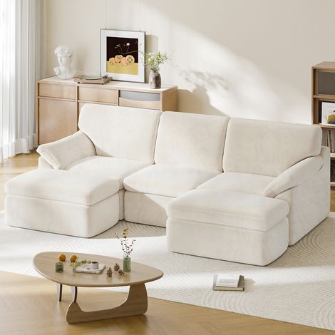 Rattantree – Modulares 3-Sitzer-Ecksofa – Bezug aus Cord – Polsterung aus 100 % hochdichtem Schaumstoff – Mit abnehmbarem Fußhocker – Ergonomisches Design – 240 x 140 x 65 cm – Beige (1/5)